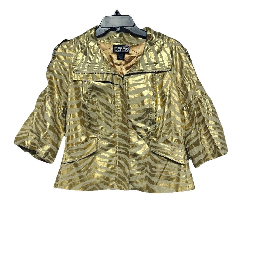 Berek Women's Jacket Gold Metallic Accent Zebra Print 1/2 Sleeve Linen Blend S